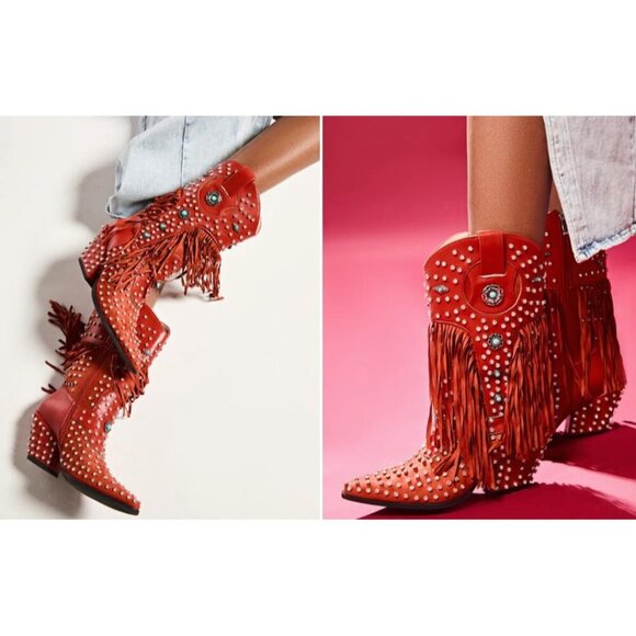 Red Fringe Rhinestone Embellishments Mid Calf Cowgirl Boots Turquoise Flower - Picture 7 of 7